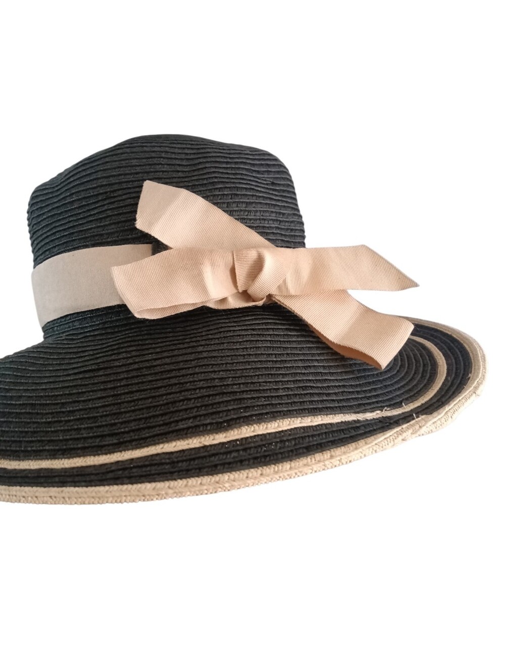 Coolibar Fedora Black Woven Straw Hat Cream Ribbon EUC - Picture 3 of 7